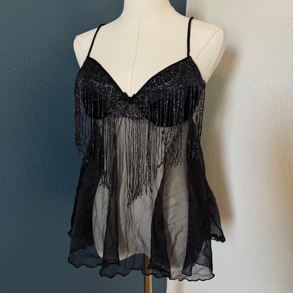 Vintage Y2K Secret Treasures Metallic Fringe Babydoll Tank Small Black
